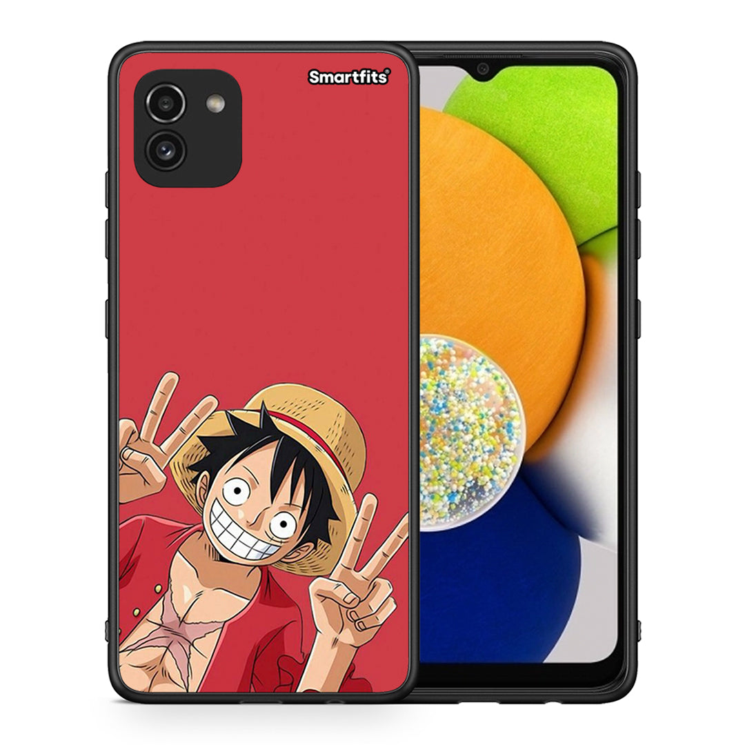 Θήκη Samsung A03 Pirate Luffy από τη Smartfits με σχέδιο στο πίσω μέρος και μαύρο περίβλημα | Samsung A03 Pirate Luffy case with colorful back and black bezels