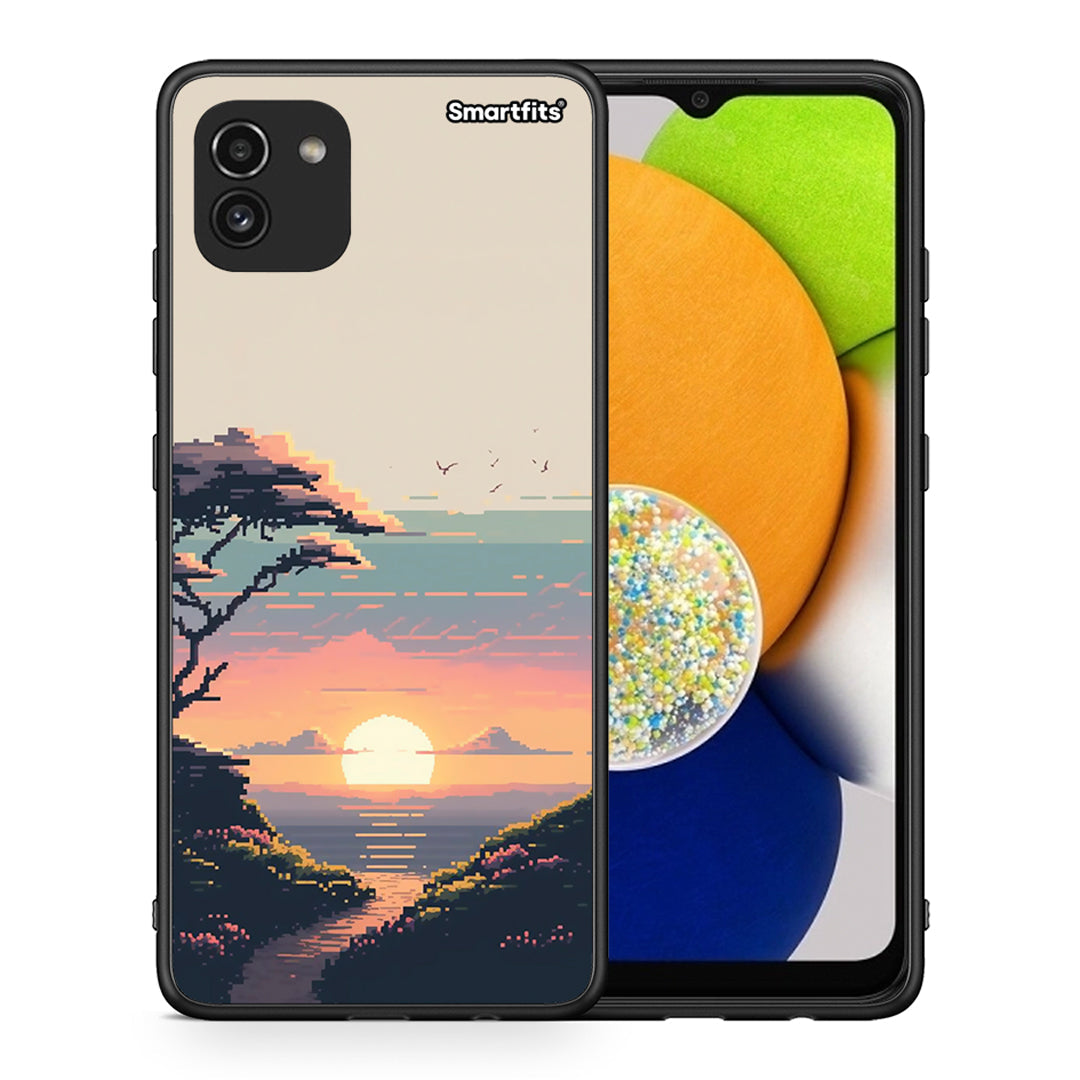 Θήκη Samsung A03 Pixel Sunset από τη Smartfits με σχέδιο στο πίσω μέρος και μαύρο περίβλημα | Samsung A03 Pixel Sunset case with colorful back and black bezels