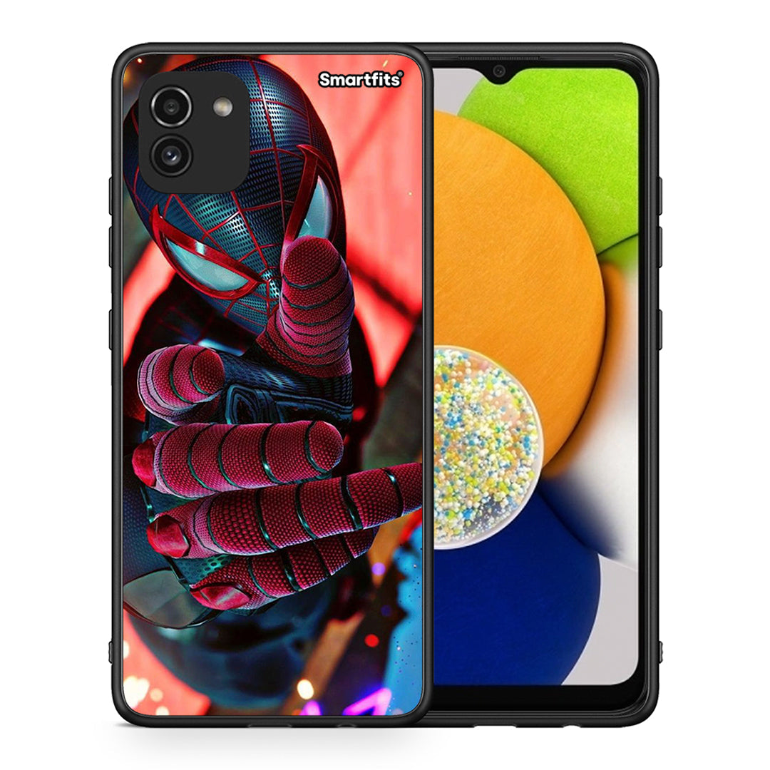 Θήκη Samsung A03 Spider Hand από τη Smartfits με σχέδιο στο πίσω μέρος και μαύρο περίβλημα | Samsung A03 Spider Hand case with colorful back and black bezels