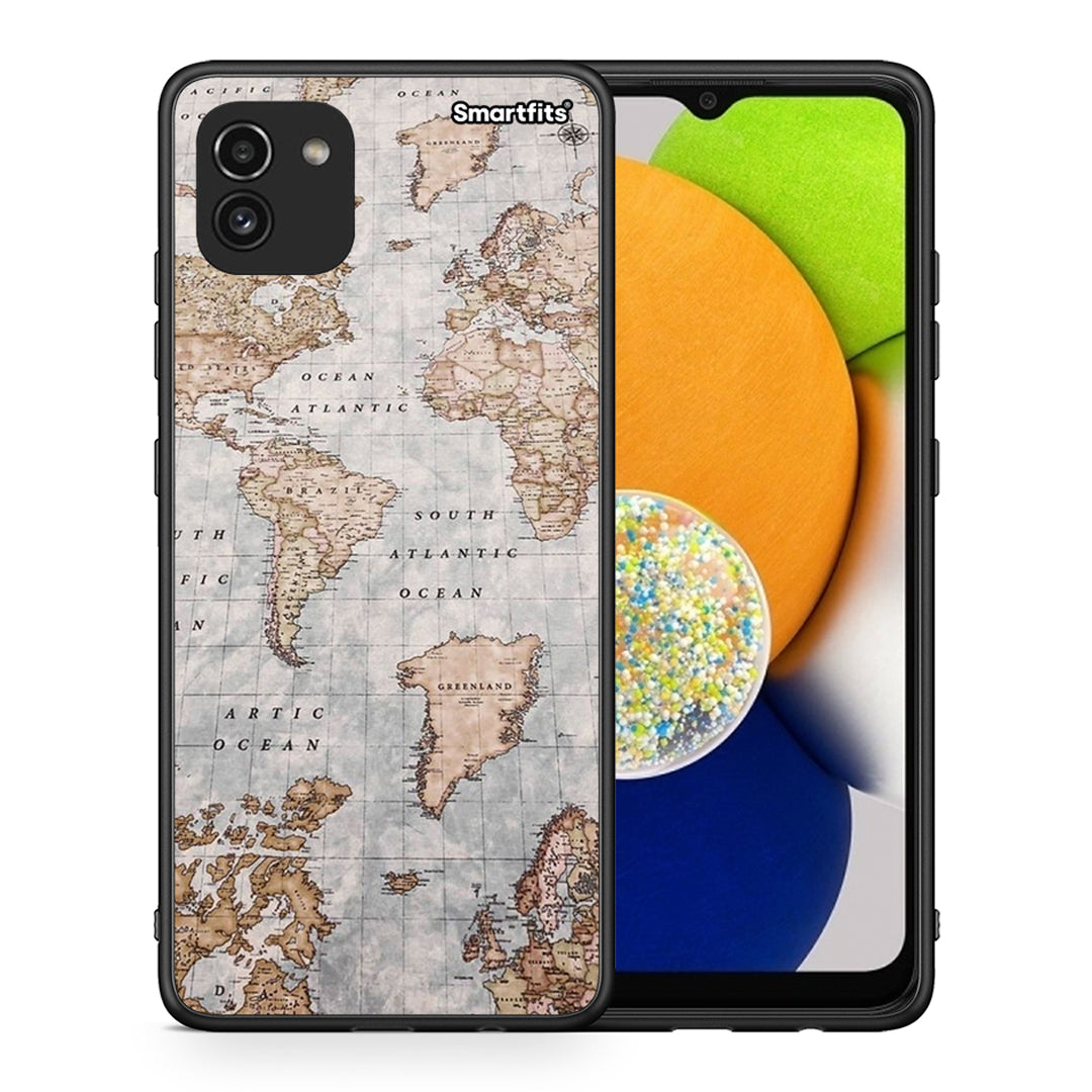 Θήκη Samsung A03 World Map από τη Smartfits με σχέδιο στο πίσω μέρος και μαύρο περίβλημα | Samsung A03 World Map case with colorful back and black bezels
