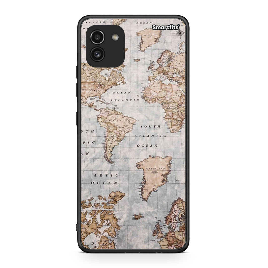 Samsung A03 World Map θήκη από τη Smartfits με σχέδιο στο πίσω μέρος και μαύρο περίβλημα | Smartphone case with colorful back and black bezels by Smartfits