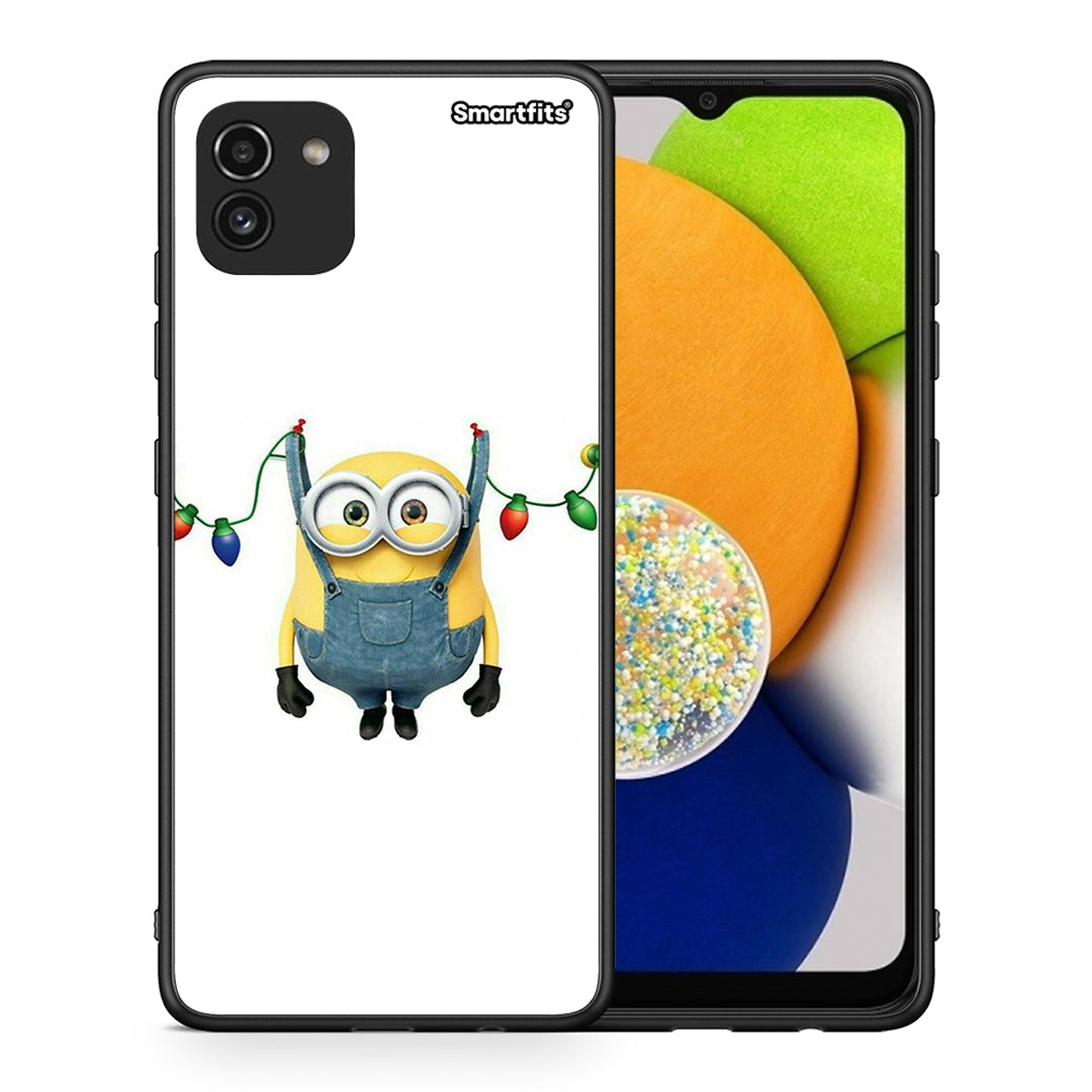 Θήκη Samsung A03 Xmas Minion Lights από τη Smartfits με σχέδιο στο πίσω μέρος και μαύρο περίβλημα | Samsung A03 Xmas Minion Lights case with colorful back and black bezels