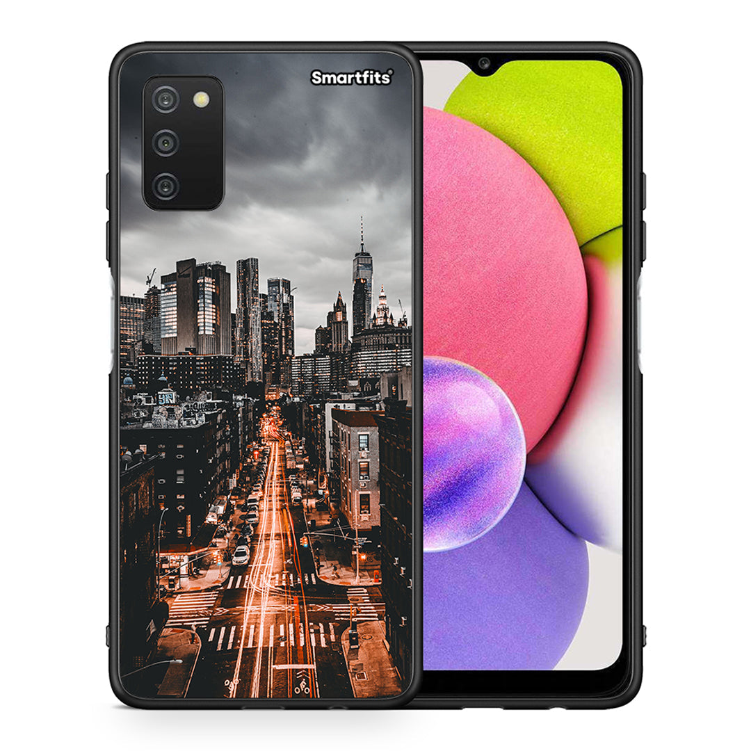 Θήκη Samsung A03s City Lights από τη Smartfits με σχέδιο στο πίσω μέρος και μαύρο περίβλημα | Samsung A03s City Lights case with colorful back and black bezels