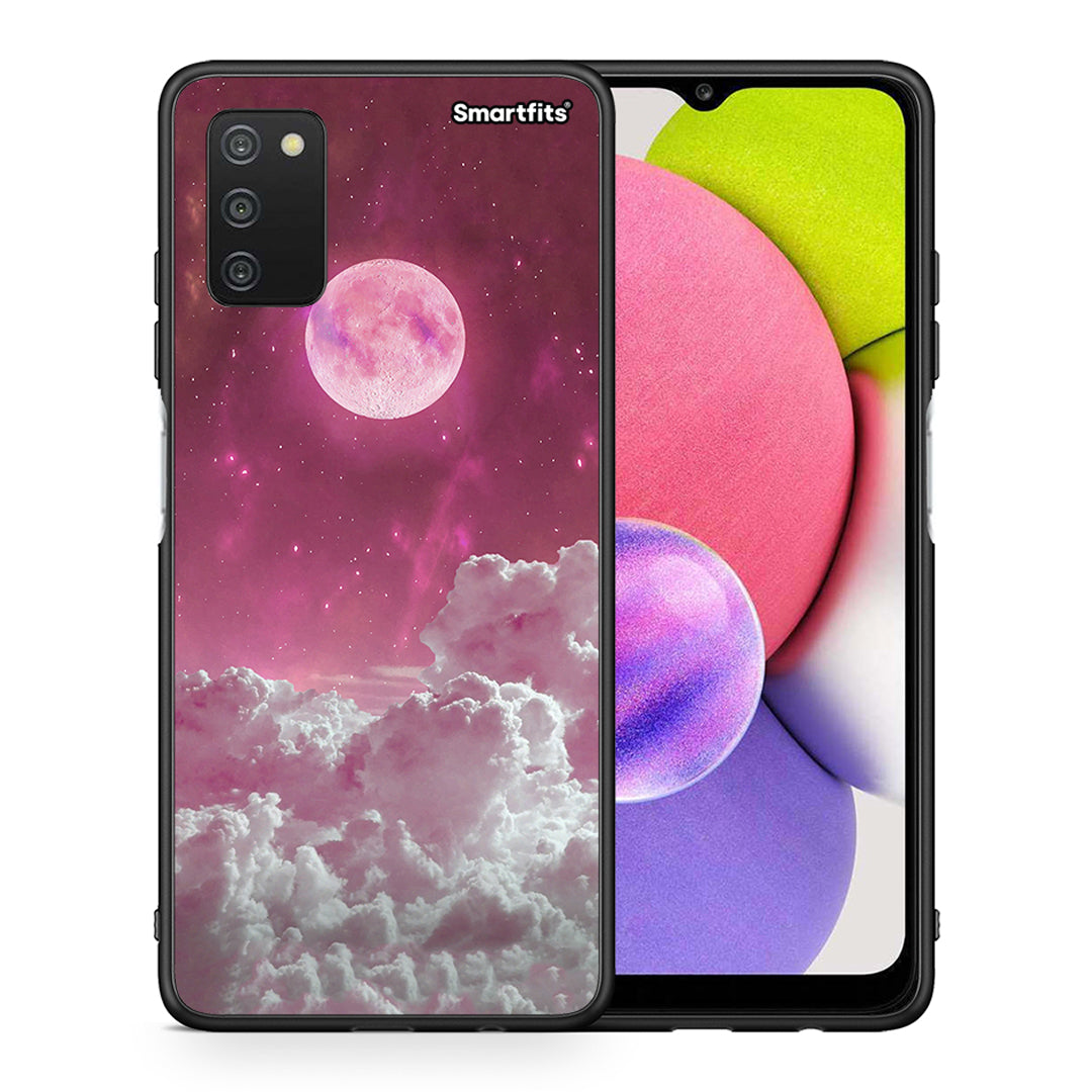 Θήκη Samsung A03s Pink Moon από τη Smartfits με σχέδιο στο πίσω μέρος και μαύρο περίβλημα | Samsung A03s Pink Moon case with colorful back and black bezels