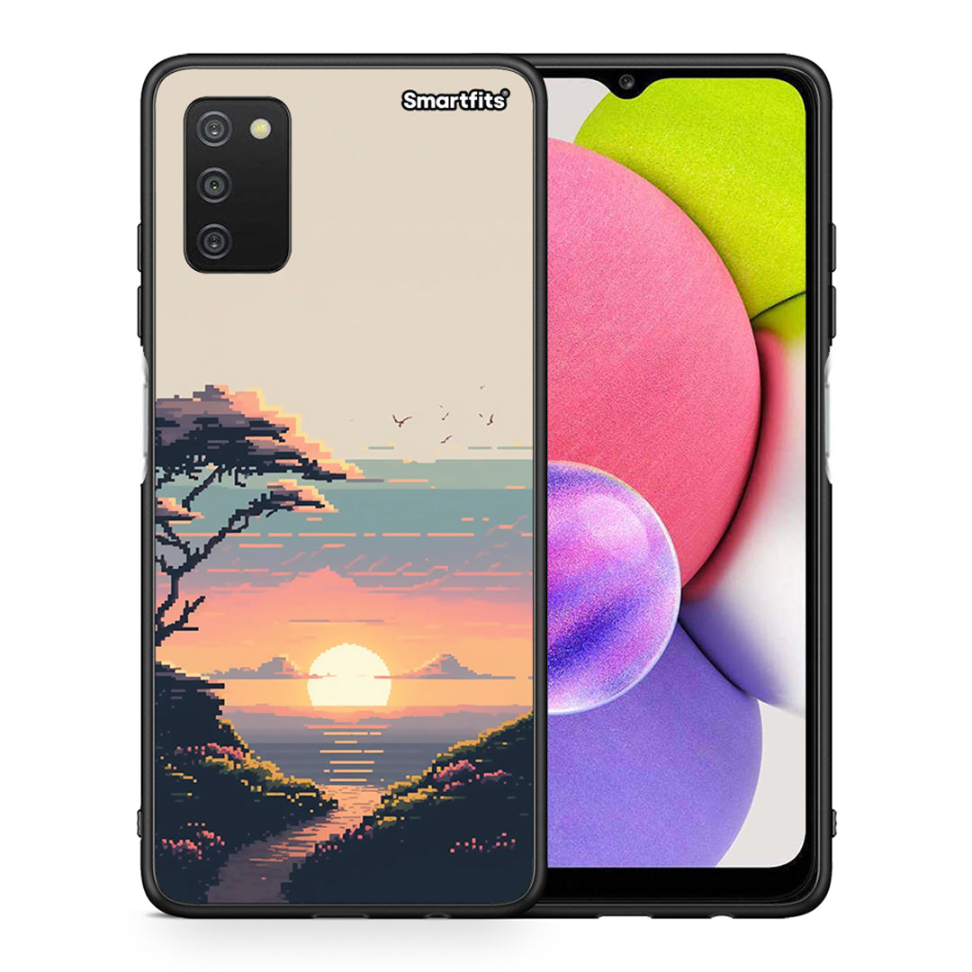 Θήκη Samsung A03s Pixel Sunset από τη Smartfits με σχέδιο στο πίσω μέρος και μαύρο περίβλημα | Samsung A03s Pixel Sunset case with colorful back and black bezels