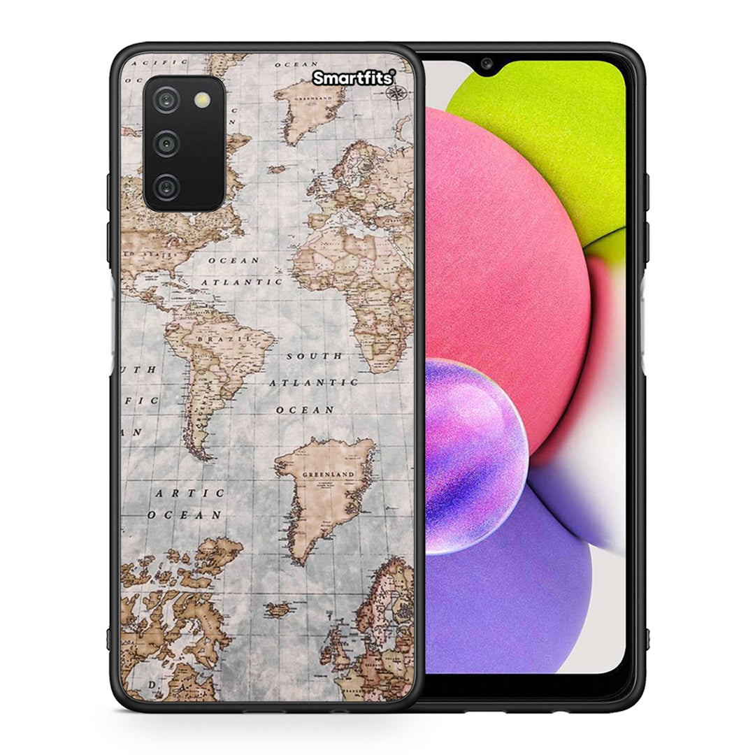 Θήκη Samsung A03s World Map από τη Smartfits με σχέδιο στο πίσω μέρος και μαύρο περίβλημα | Samsung A03s World Map case with colorful back and black bezels