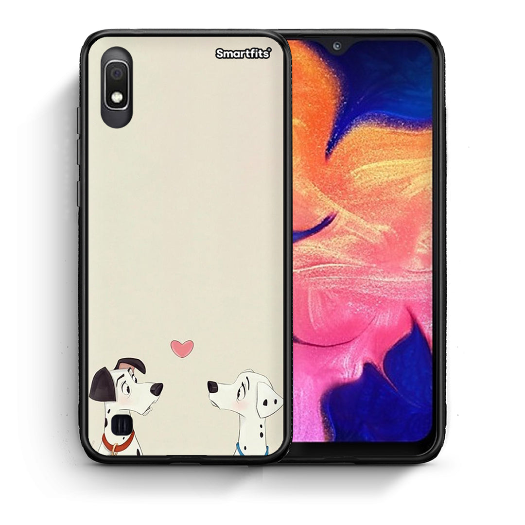 Θήκη Samsung A10 Dalmatians Love από τη Smartfits με σχέδιο στο πίσω μέρος και μαύρο περίβλημα | Samsung A10 Dalmatians Love case with colorful back and black bezels