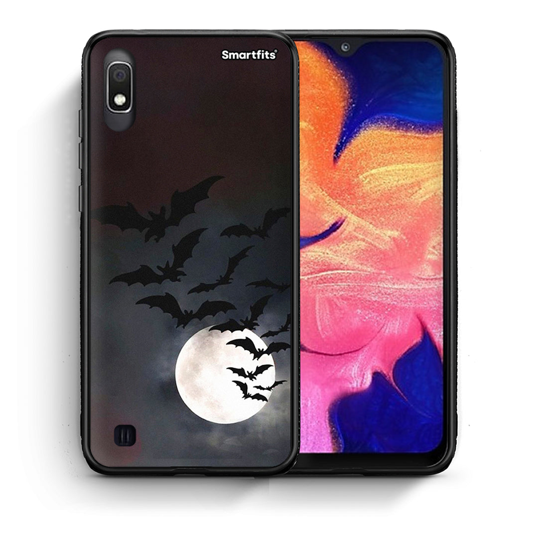 Θήκη Samsung A10 Halloween Bat Night από τη Smartfits με σχέδιο στο πίσω μέρος και μαύρο περίβλημα | Samsung A10 Halloween Bat Night case with colorful back and black bezels