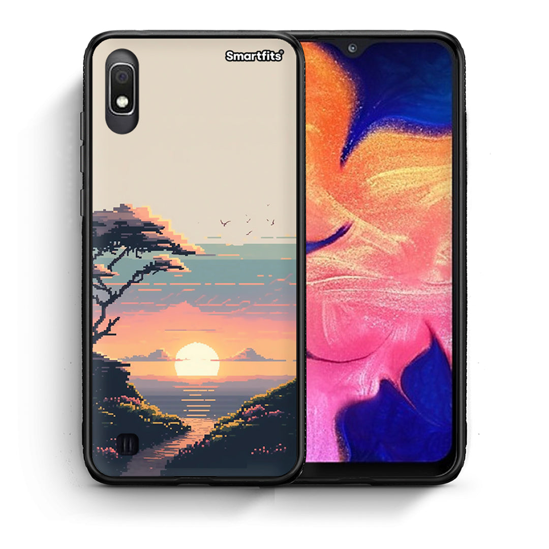 Θήκη Samsung A10 Pixel Sunset από τη Smartfits με σχέδιο στο πίσω μέρος και μαύρο περίβλημα | Samsung A10 Pixel Sunset case with colorful back and black bezels