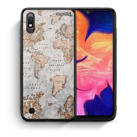 Θήκη Samsung A10 World Map από τη Smartfits με σχέδιο στο πίσω μέρος και μαύρο περίβλημα | Samsung A10 World Map case with colorful back and black bezels