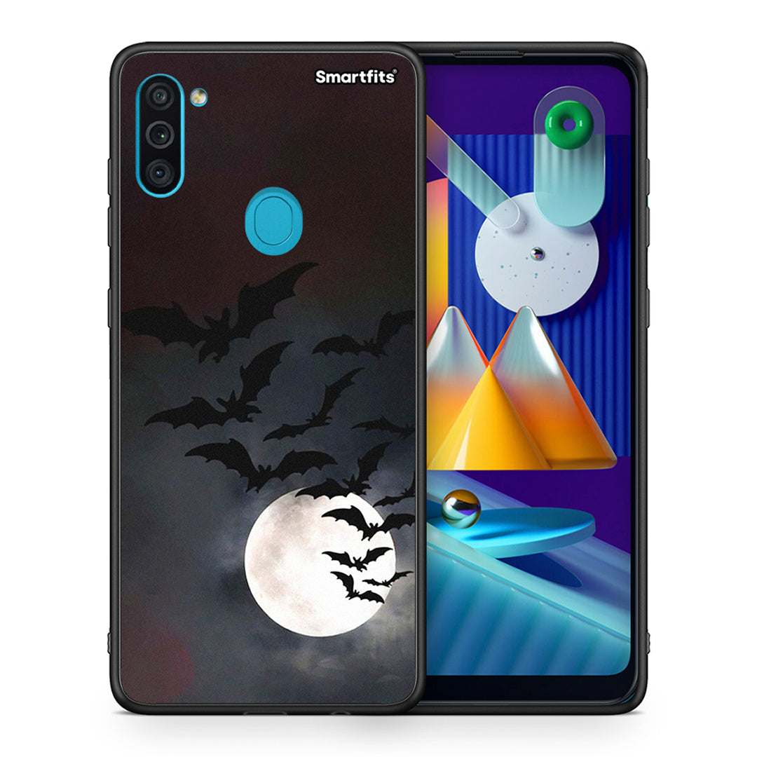 Θήκη Samsung A11 / M11 Halloween Bat Night από τη Smartfits με σχέδιο στο πίσω μέρος και μαύρο περίβλημα | Samsung A11 / M11 Halloween Bat Night case with colorful back and black bezels