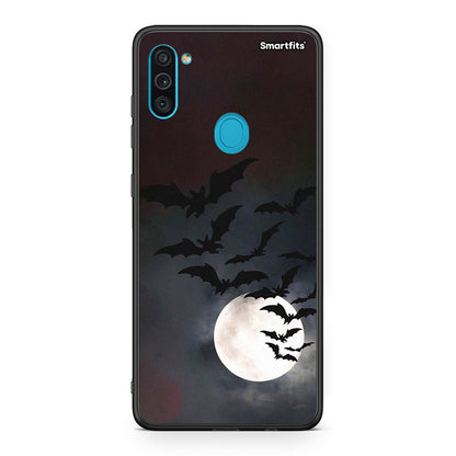 Samsung A11 / M11 Halloween Bat Night Θήκη από τη Smartfits με σχέδιο στο πίσω μέρος και μαύρο περίβλημα | Smartphone case with colorful back and black bezels by Smartfits