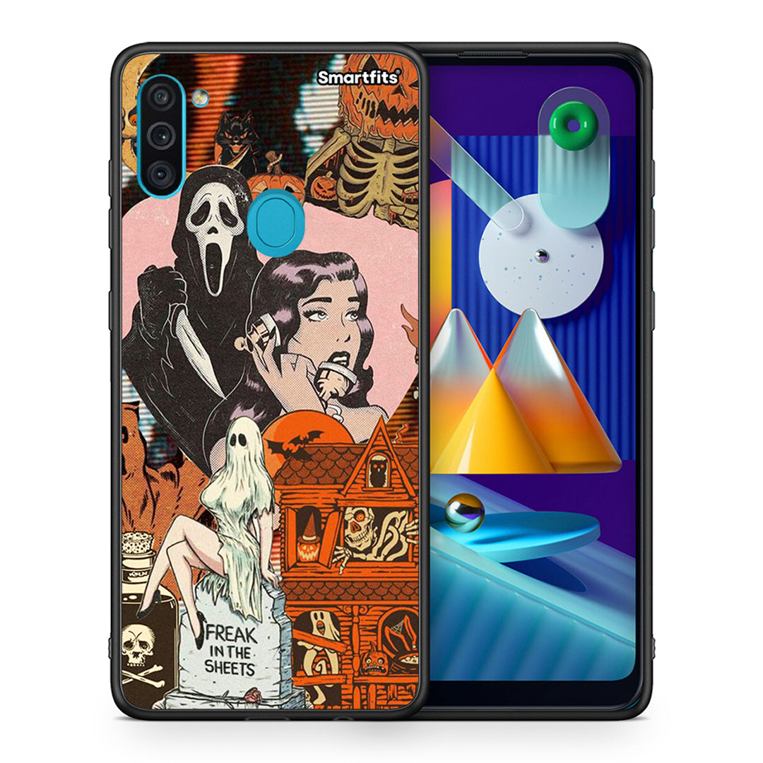Θήκη Samsung A11 / M11 Halloween Collage από τη Smartfits με σχέδιο στο πίσω μέρος και μαύρο περίβλημα | Samsung A11 / M11 Halloween Collage case with colorful back and black bezels
