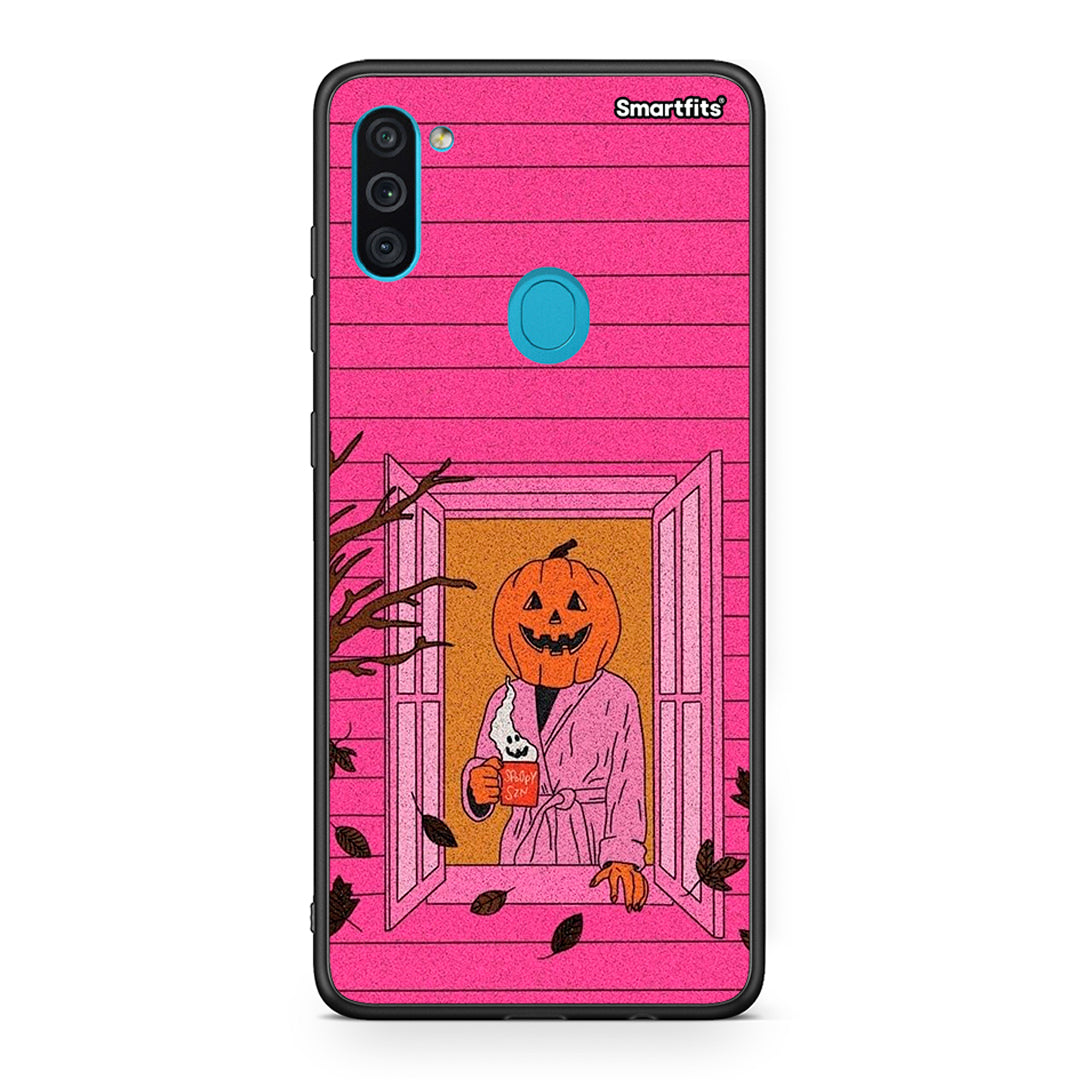 Samsung A11 / M11 Halloween Pumpkin Lady Θήκη από τη Smartfits με σχέδιο στο πίσω μέρος και μαύρο περίβλημα | Smartphone case with colorful back and black bezels by Smartfits