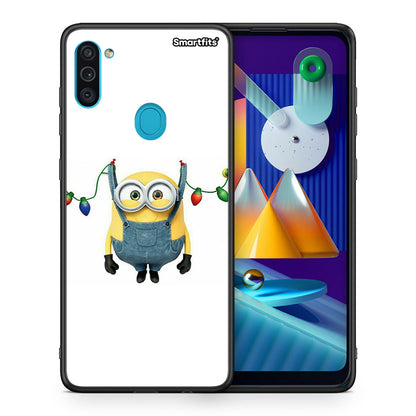 Θήκη Samsung A11/M11 Xmas Minion Lights από τη Smartfits με σχέδιο στο πίσω μέρος και μαύρο περίβλημα | Samsung A11/M11 Xmas Minion Lights case with colorful back and black bezels
