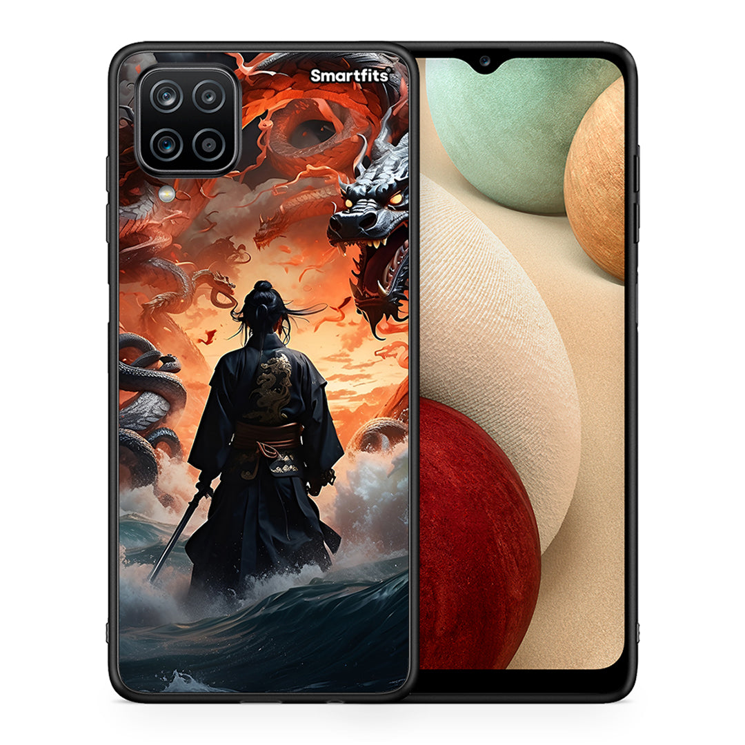 Θήκη Samsung A12 Dragons Fight από τη Smartfits με σχέδιο στο πίσω μέρος και μαύρο περίβλημα | Samsung A12 Dragons Fight case with colorful back and black bezels