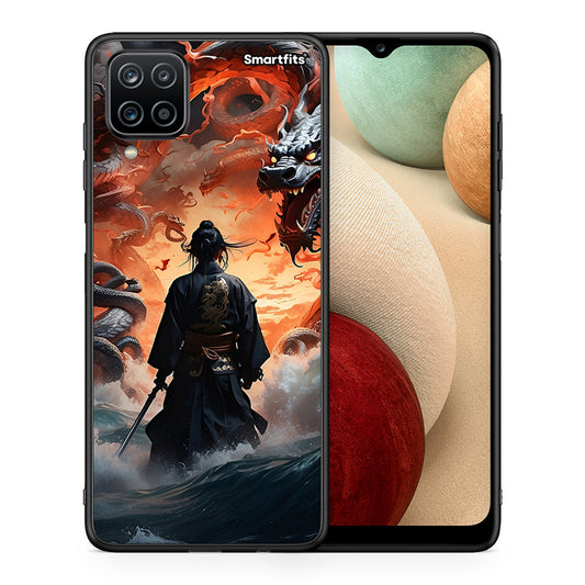 Θήκη Samsung A12 Dragons Fight από τη Smartfits με σχέδιο στο πίσω μέρος και μαύρο περίβλημα | Samsung A12 Dragons Fight case with colorful back and black bezels