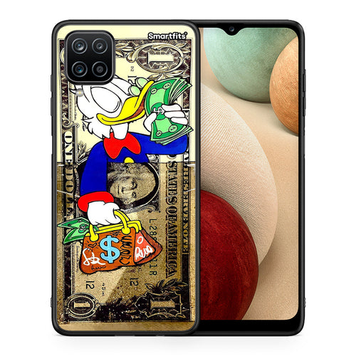 Θήκη Samsung A12 Duck Money από τη Smartfits με σχέδιο στο πίσω μέρος και μαύρο περίβλημα | Samsung A12 Duck Money case with colorful back and black bezels