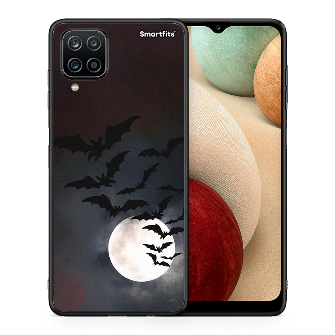 Θήκη Samsung A12 Halloween Bat Night από τη Smartfits με σχέδιο στο πίσω μέρος και μαύρο περίβλημα | Samsung A12 Halloween Bat Night case with colorful back and black bezels