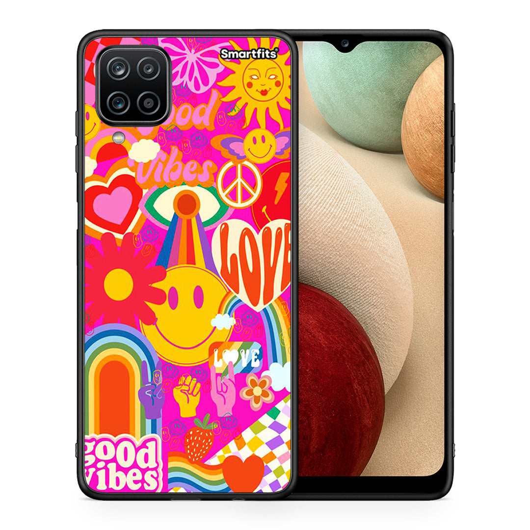Θήκη Samsung A12 Hippie Love από τη Smartfits με σχέδιο στο πίσω μέρος και μαύρο περίβλημα | Samsung A12 Hippie Love case with colorful back and black bezels