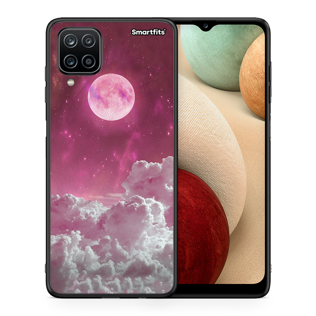 Θήκη Samsung A12 Pink Moon από τη Smartfits με σχέδιο στο πίσω μέρος και μαύρο περίβλημα | Samsung A12 Pink Moon case with colorful back and black bezels