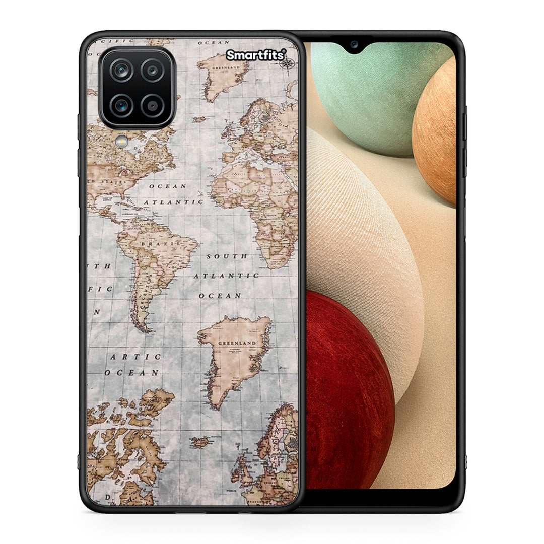 Θήκη Samsung A12 World Map από τη Smartfits με σχέδιο στο πίσω μέρος και μαύρο περίβλημα | Samsung A12 World Map case with colorful back and black bezels