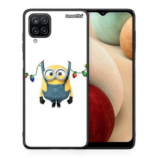 Θήκη Samsung A12 Xmas Minion Lights από τη Smartfits με σχέδιο στο πίσω μέρος και μαύρο περίβλημα | Samsung A12 Xmas Minion Lights case with colorful back and black bezels
