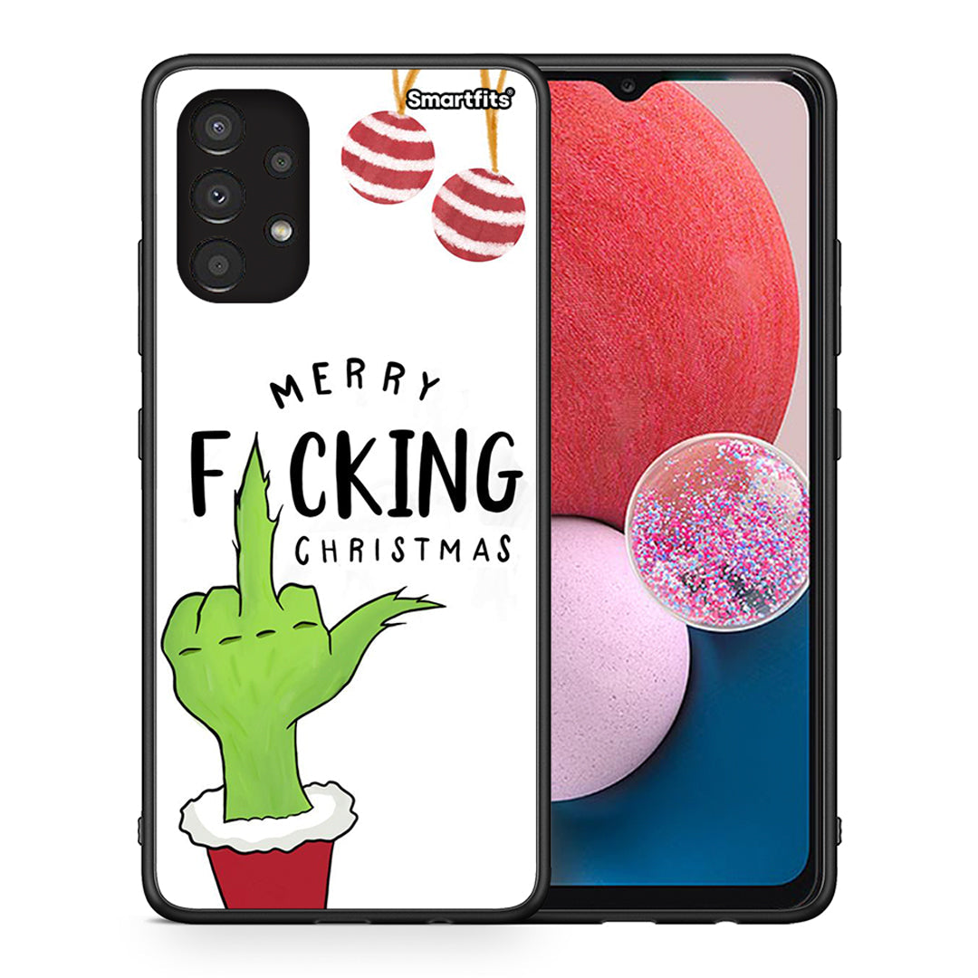 Θήκη Samsung A13 4G Merry F Xmas από τη Smartfits με σχέδιο στο πίσω μέρος και μαύρο περίβλημα | Samsung A13 4G Merry F Xmas case with colorful back and black bezels