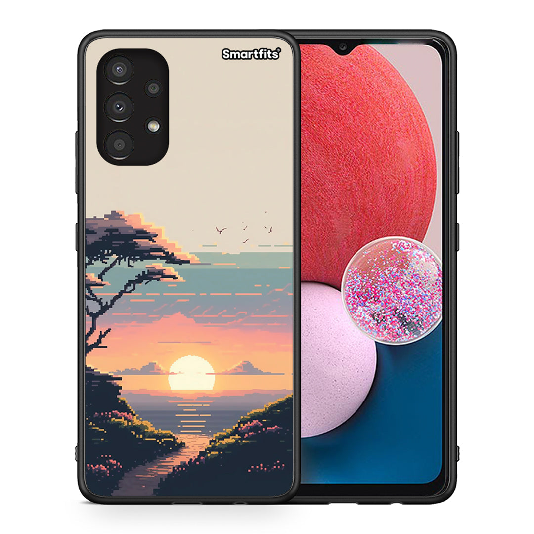 Θήκη Samsung A13 4G Pixel Sunset από τη Smartfits με σχέδιο στο πίσω μέρος και μαύρο περίβλημα | Samsung A13 4G Pixel Sunset case with colorful back and black bezels