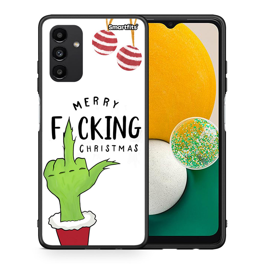 Θήκη Samsung A13 5G Merry F Xmas από τη Smartfits με σχέδιο στο πίσω μέρος και μαύρο περίβλημα | Samsung A13 5G Merry F Xmas case with colorful back and black bezels