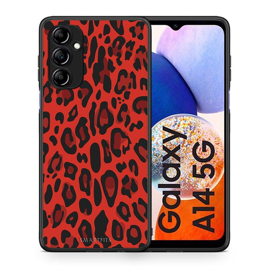 Θήκη Samsung Galaxy A14 / A14 5G Animal Red Leopard από τη Smartfits με σχέδιο στο πίσω μέρος και μαύρο περίβλημα | Samsung Galaxy A14 / A14 5G Animal Red Leopard Case with Colorful Back and Black Bezels