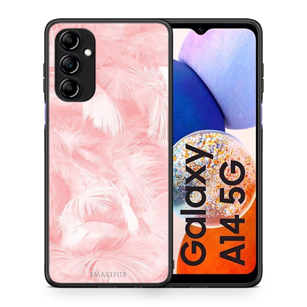 Θήκη Samsung Galaxy A14 / A14 5G Boho Pink Feather από τη Smartfits με σχέδιο στο πίσω μέρος και μαύρο περίβλημα | Samsung Galaxy A14 / A14 5G Boho Pink Feather Case with Colorful Back and Black Bezels