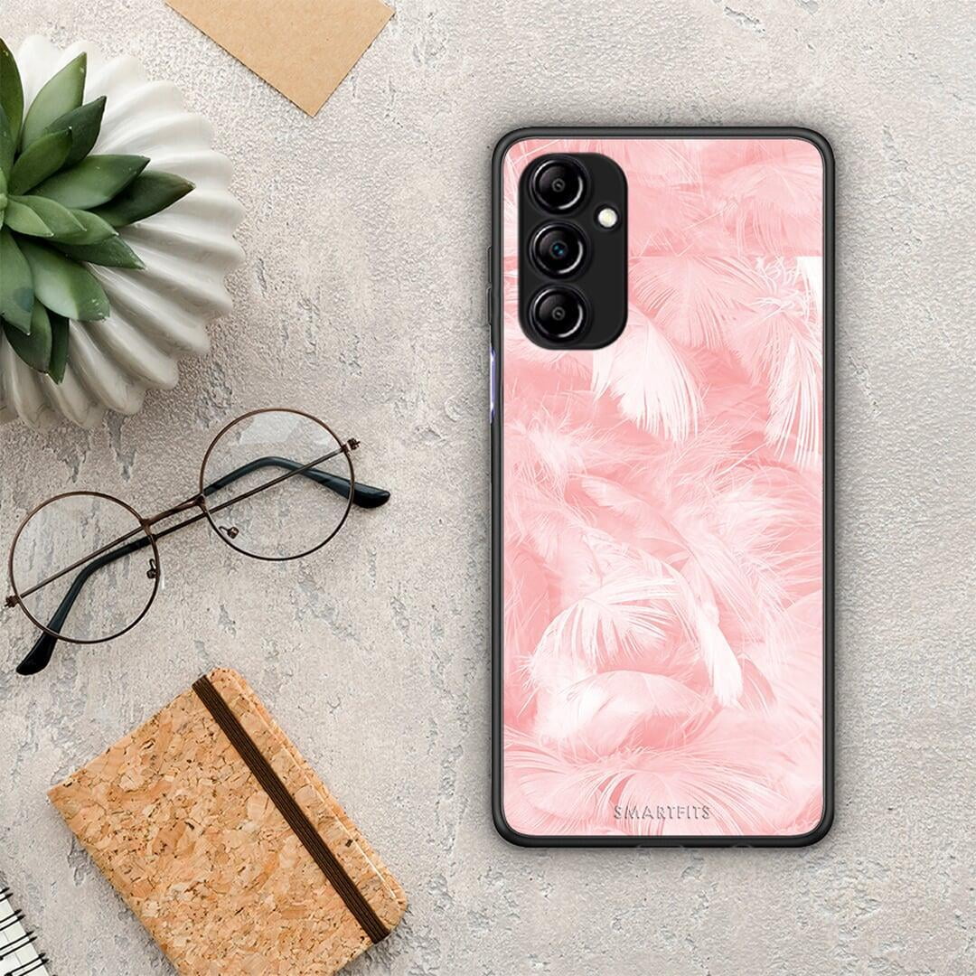 Θήκη Samsung Galaxy A14 / A14 5G Boho Pink Feather από τη Smartfits με σχέδιο στο πίσω μέρος και μαύρο περίβλημα | Samsung Galaxy A14 / A14 5G Boho Pink Feather Case with Colorful Back and Black Bezels