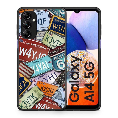 Θήκη Samsung Galaxy A14 / A14 5G Car Plates από τη Smartfits με σχέδιο στο πίσω μέρος και μαύρο περίβλημα | Samsung Galaxy A14 / A14 5G Car Plates Case with Colorful Back and Black Bezels