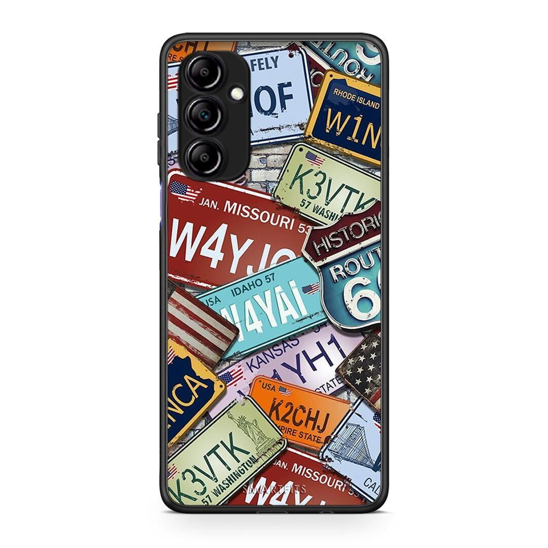 Θήκη Samsung Galaxy A14 / A14 5G Car Plates από τη Smartfits με σχέδιο στο πίσω μέρος και μαύρο περίβλημα | Samsung Galaxy A14 / A14 5G Car Plates Case with Colorful Back and Black Bezels