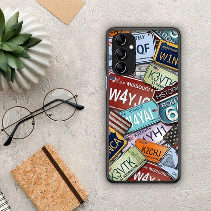 Θήκη Samsung Galaxy A14 / A14 5G Car Plates από τη Smartfits με σχέδιο στο πίσω μέρος και μαύρο περίβλημα | Samsung Galaxy A14 / A14 5G Car Plates Case with Colorful Back and Black Bezels