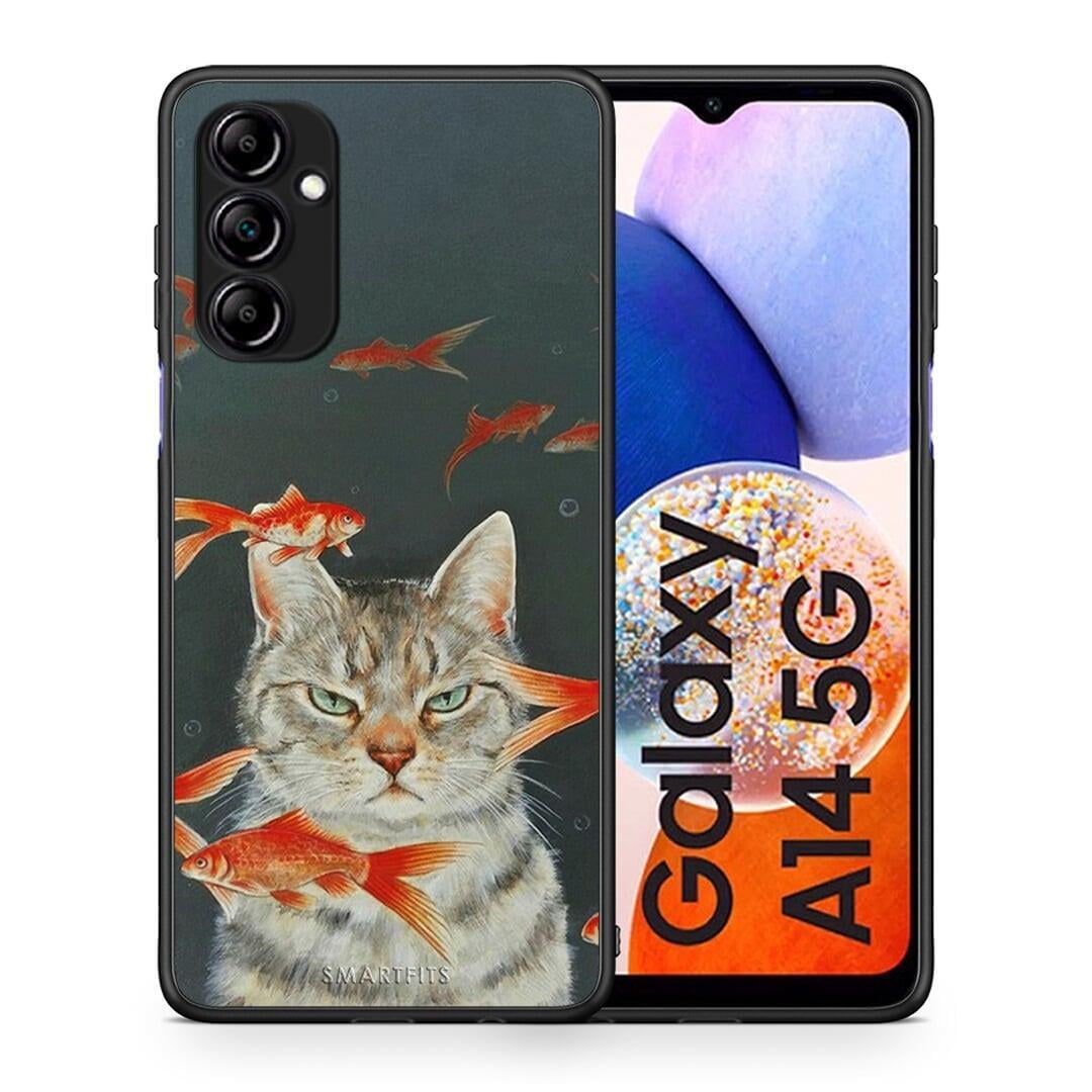 Θήκη Samsung Galaxy A14 / A14 5G Cat Goldfish από τη Smartfits με σχέδιο στο πίσω μέρος και μαύρο περίβλημα | Samsung Galaxy A14 / A14 5G Cat Goldfish Case with Colorful Back and Black Bezels