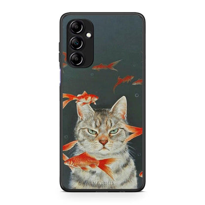 Θήκη Samsung Galaxy A14 / A14 5G Cat Goldfish από τη Smartfits με σχέδιο στο πίσω μέρος και μαύρο περίβλημα | Samsung Galaxy A14 / A14 5G Cat Goldfish Case with Colorful Back and Black Bezels