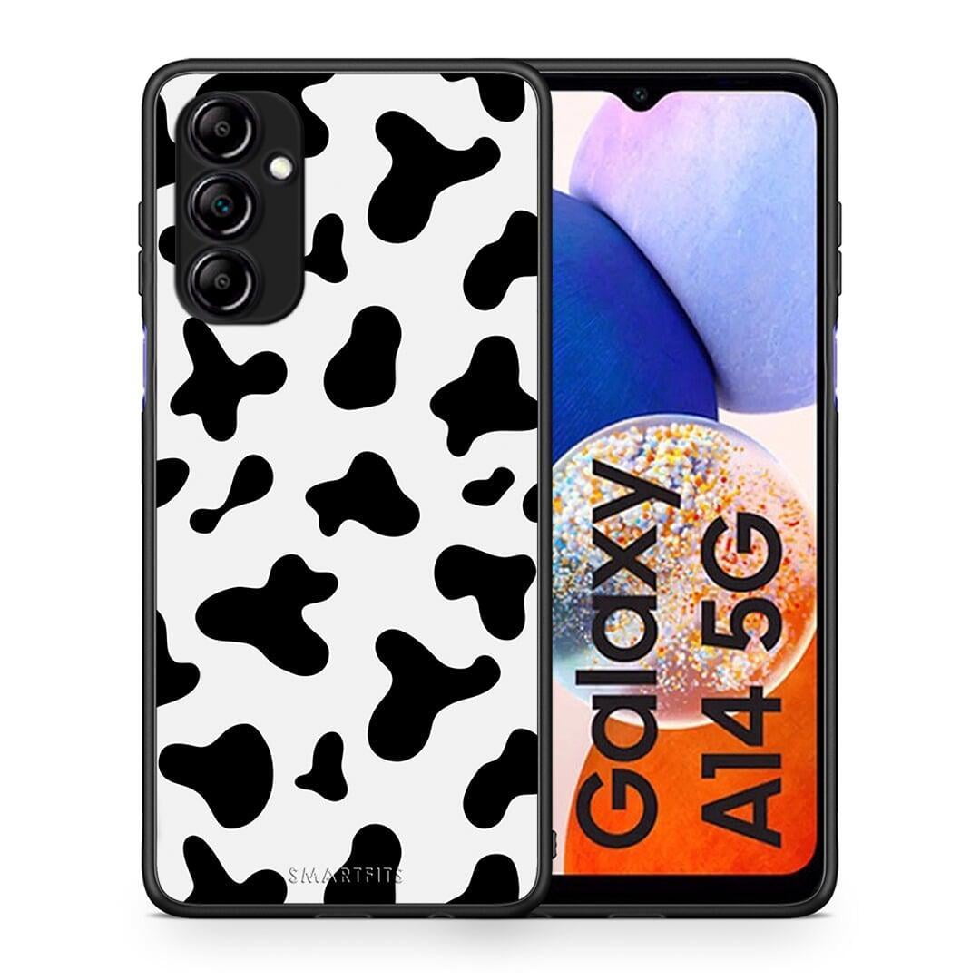 Θήκη Samsung Galaxy A14 / A14 5G Cow Print από τη Smartfits με σχέδιο στο πίσω μέρος και μαύρο περίβλημα | Samsung Galaxy A14 / A14 5G Cow Print Case with Colorful Back and Black Bezels