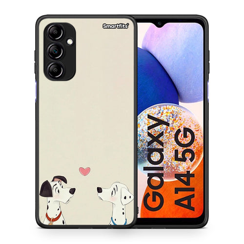 Θήκη Samsung Galaxy A14 / A14 5G Dalmatians Love από τη Smartfits με σχέδιο στο πίσω μέρος και μαύρο περίβλημα | Samsung Galaxy A14 / A14 5G Dalmatians Love Case with Colorful Back and Black Bezels