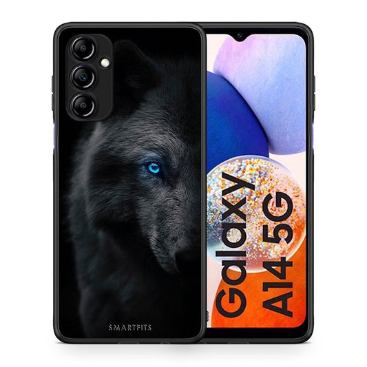 Θήκη Samsung Galaxy A14 / A14 5G Dark Wolf από τη Smartfits με σχέδιο στο πίσω μέρος και μαύρο περίβλημα | Samsung Galaxy A14 / A14 5G Dark Wolf Case with Colorful Back and Black Bezels