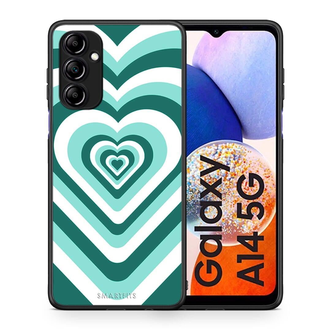 Θήκη Samsung Galaxy A14 / A14 5G Green Hearts από τη Smartfits με σχέδιο στο πίσω μέρος και μαύρο περίβλημα | Samsung Galaxy A14 / A14 5G Green Hearts Case with Colorful Back and Black Bezels