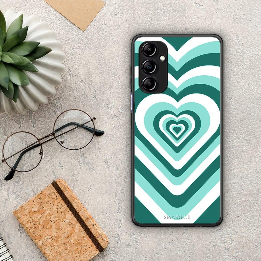 Θήκη Samsung Galaxy A14 / A14 5G Green Hearts από τη Smartfits με σχέδιο στο πίσω μέρος και μαύρο περίβλημα | Samsung Galaxy A14 / A14 5G Green Hearts Case with Colorful Back and Black Bezels