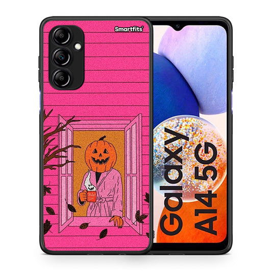Θήκη Samsung Galaxy A14 / A14 5G Halloween Pumpkin Lady από τη Smartfits με σχέδιο στο πίσω μέρος και μαύρο περίβλημα | Samsung Galaxy A14 / A14 5G Halloween Pumpkin Lady Case with Colorful Back and Black Bezels