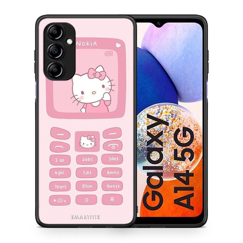 Θήκη Samsung Galaxy A14 / A14 5G Hello Kitten από τη Smartfits με σχέδιο στο πίσω μέρος και μαύρο περίβλημα | Samsung Galaxy A14 / A14 5G Hello Kitten Case with Colorful Back and Black Bezels