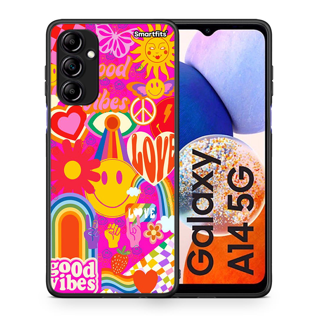 Θήκη Samsung Galaxy A14 / A14 5G Hippie Love από τη Smartfits με σχέδιο στο πίσω μέρος και μαύρο περίβλημα | Samsung Galaxy A14 / A14 5G Hippie Love Case with Colorful Back and Black Bezels