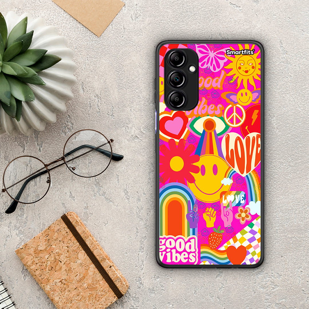 Θήκη Samsung Galaxy A14 / A14 5G Hippie Love από τη Smartfits με σχέδιο στο πίσω μέρος και μαύρο περίβλημα | Samsung Galaxy A14 / A14 5G Hippie Love Case with Colorful Back and Black Bezels