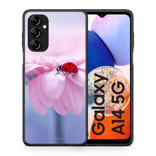 Θήκη Samsung Galaxy A14 / A14 5G Ladybug Flower από τη Smartfits με σχέδιο στο πίσω μέρος και μαύρο περίβλημα | Samsung Galaxy A14 / A14 5G Ladybug Flower Case with Colorful Back and Black Bezels