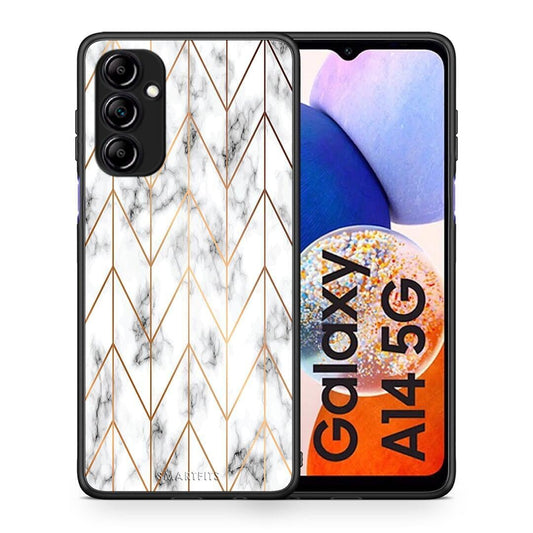 Θήκη Samsung Galaxy A14 / A14 5G Marble Gold Geometric από τη Smartfits με σχέδιο στο πίσω μέρος και μαύρο περίβλημα | Samsung Galaxy A14 / A14 5G Marble Gold Geometric Case with Colorful Back and Black Bezels