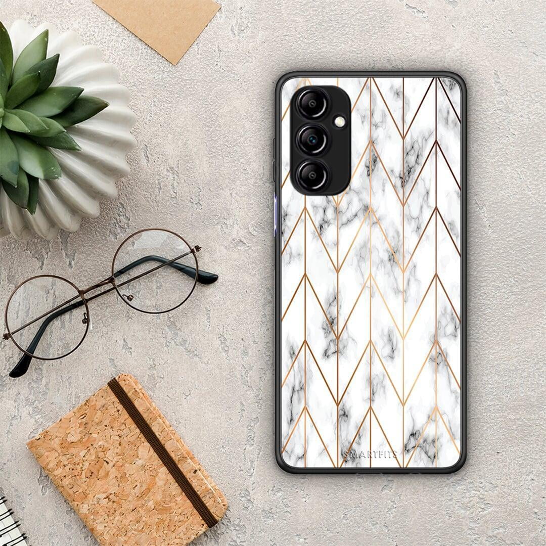 Θήκη Samsung Galaxy A14 / A14 5G Marble Gold Geometric από τη Smartfits με σχέδιο στο πίσω μέρος και μαύρο περίβλημα | Samsung Galaxy A14 / A14 5G Marble Gold Geometric Case with Colorful Back and Black Bezels